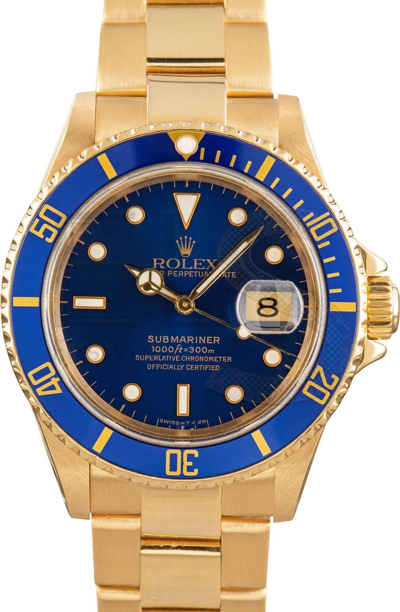Blue Dial Rolex Submariner 16618 Yellow Gold Oyster